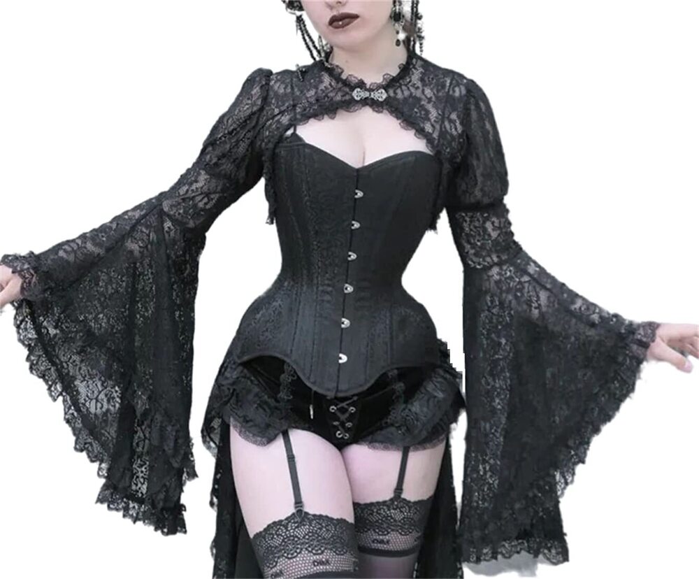 9433 Gothic Crop Top Lace Bolero Bell Sleeves Shrug Punk Rock Costume Y2k